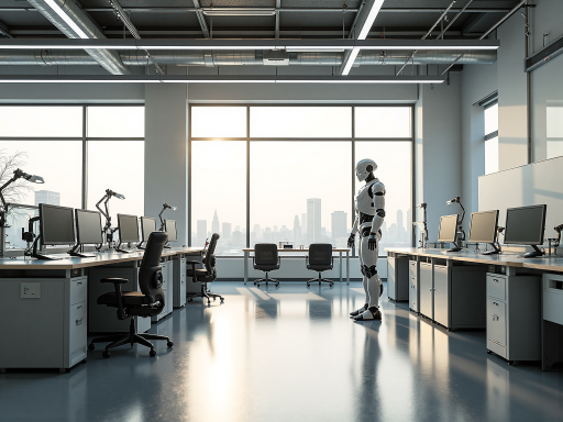 人工智能公司办公室场景，现代办公环境，员工在讨论AI项目，科技感背景